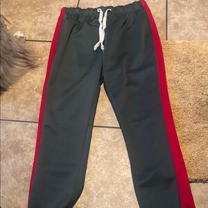 Men's Green Track Polyester Pants with Red Stripes
